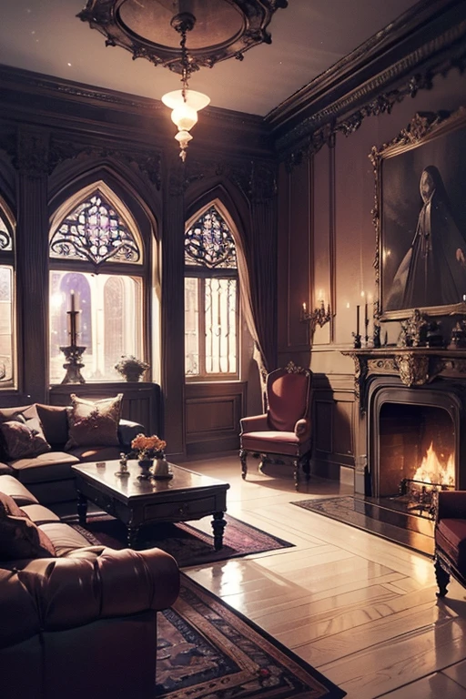 Interior, victorian Manor with reliquies, (((Nigth))), (((moonligth enters the living room))) soft pale orange palette, soft violet secundary exterior ligth