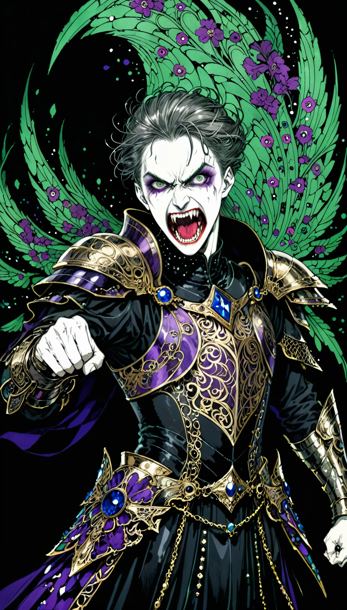 in style of Harry Clarke,character concept design,half body,paladin,angry, screaming, crazy smile，fighting pose，