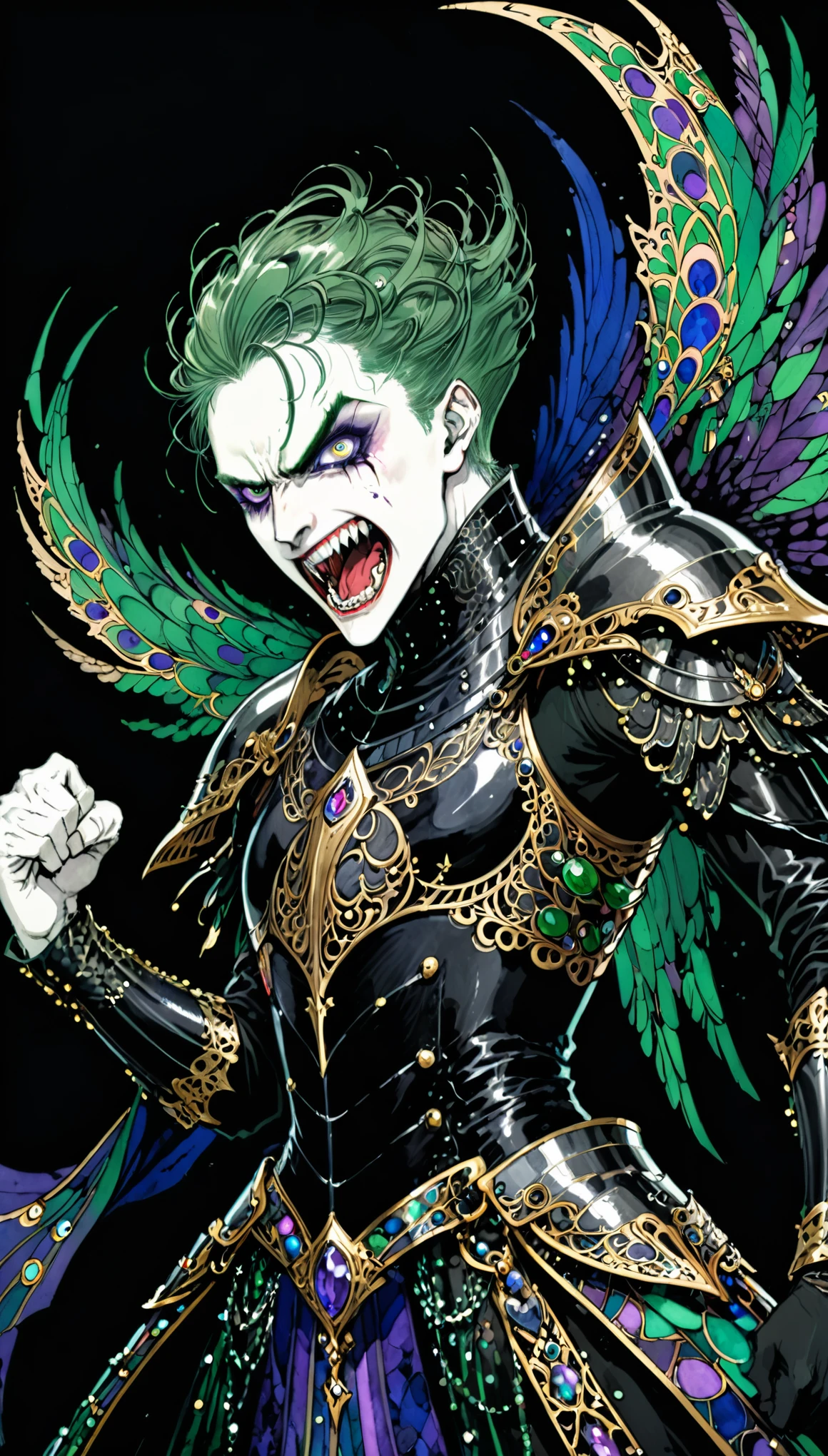 in style of Harry Clarke,character concept design,half body,paladin,angry, screaming, crazy smile,fighting pose,