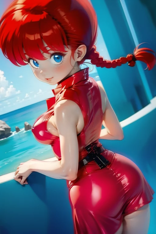 Redhead anime girl in a pink latex swimsuit, , perfect body, big round breasts, red hair with braid, Beautiful lighting,with translucent lingerie,sitting on a dildo, blue eyes, nice legs, hair with a braid, record style,separating her buttocks with both hands, sexual image. Ranma Chan, Autora Rumiko Takahashi, Based on the work of Rumiko Takahashi, Anime Ranma 1/2