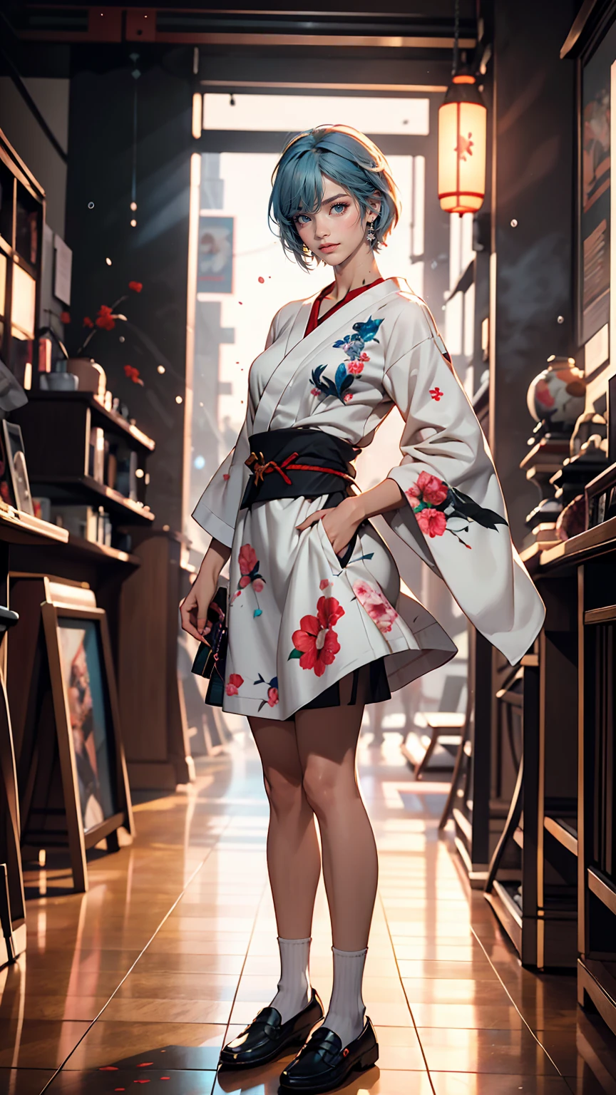 A masterpiece portrait of smiling Rei Ayanami (Evangelion), Evangelion (Hideaki), Caustics, High resolution illustrations, Red eyes, feminine, No students, Blue Hair, short hair, Japanese , loafers, Spank, Synthwave, paint Splashs, Shaded flat illustration, Digital Art, Trending on Art Station, Very detailed, The finer details, complicated, Splash, Overtake, Vaporware, Neon color