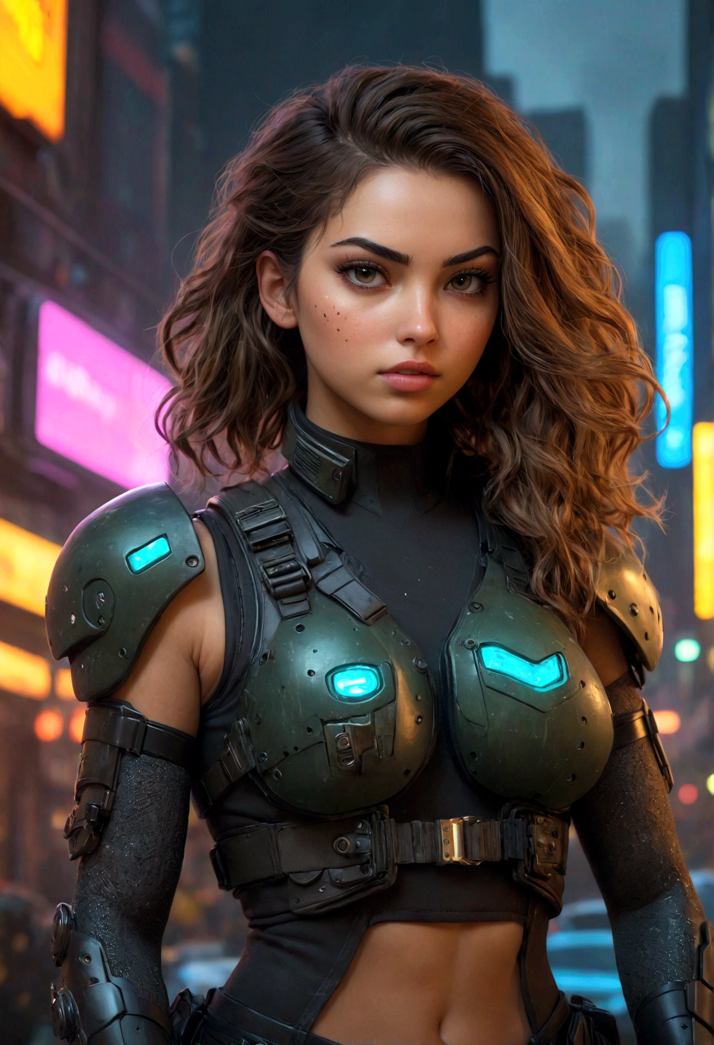 detailed cyberpunk sci-fi character, beautiful young woman, hyper-realistic, extremely detailed face and body, voluptuous breasts, perfect proportions, muscular, six-pack abs, a woman in a high-leg latex bodysuit, night camouflage pattern, tactical gear, bulletproof vest, utility belt, holster, futuristic pistol, intricate armor, cybernetic enhancements, cinematic pose, cyberpunk city, terrorist attack, explosion, night, detailed futuristic cityscape, neon lights, skyscrapers, dark atmosphere, volumetric fog, cinematic lighting, dystopian urban environment, advanced technology, android, hacker, glowing displays, holographic displays, flying cars, industrial machinery, damaged buildings, rubble, chaos, panic, highly detailed skin texture, intricate details, cinematic lighting, dramatic shadows, glowing skin, photorealistic, (best quality,4k,8k,highres,masterpiece:1.2),ultra-detailed,(realistic,photorealistic,photo-realistic:1.37),extremely detailed eyes and face,longeyelashes,cinematic,dramatic lighting,chiaroscuro,vibrant colors,1girl