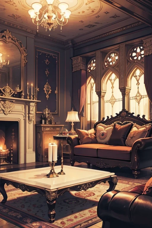 Interior, victorian Manor with reliquies, (((Nigth))), (((moonligth enters the living room))) soft pale orange palette, soft violet secundary exterior ligth