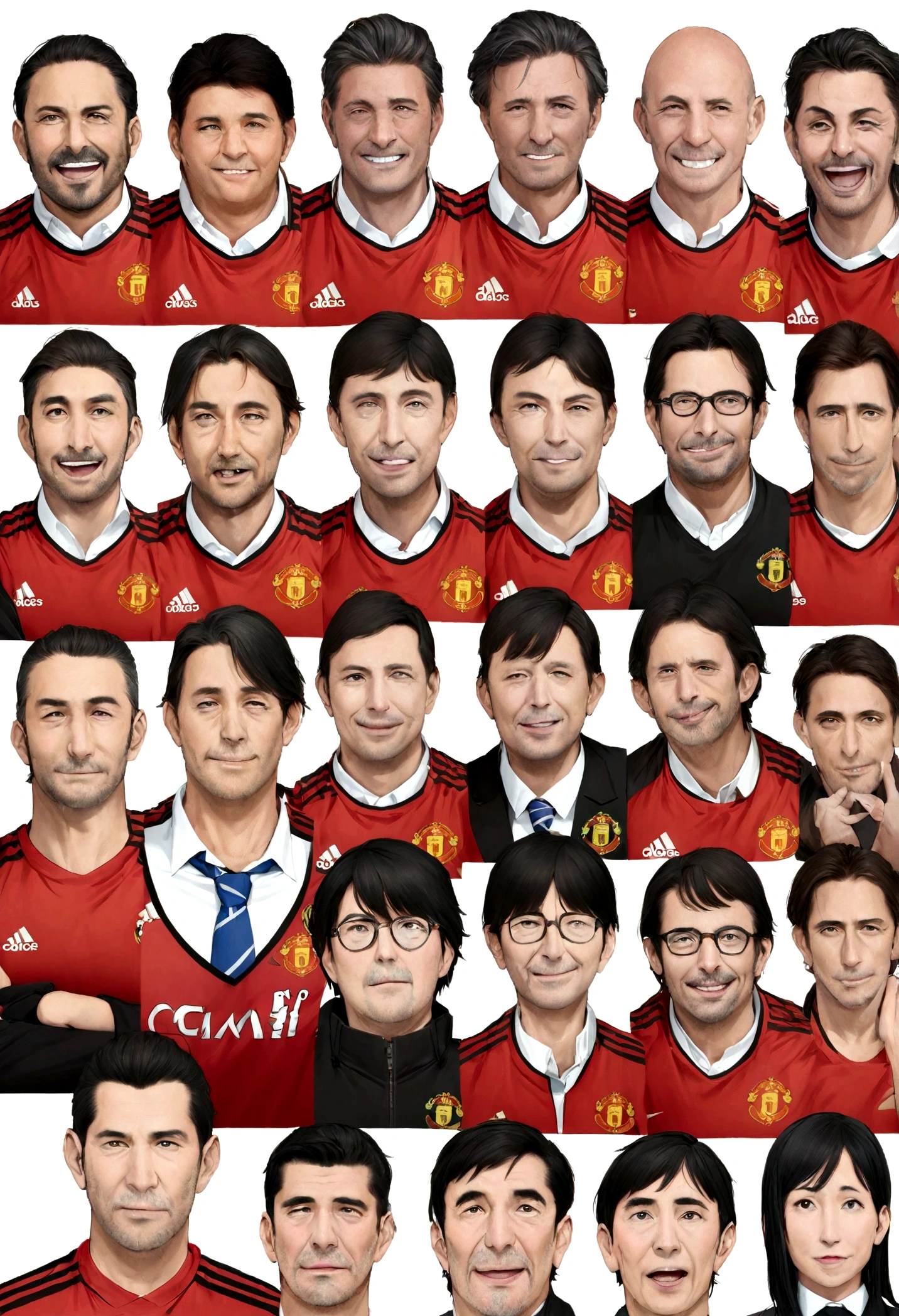 Create a cartoon illustration featuring all the managers of Manchester United Football Club, with the most recent manager placed in the center. Each manager should have a distinct and recognizable caricature style, capturing their unique features and expressions. Arrange them in a balanced composition with the most recent manager in the middle, and ensure the illustration has a playful and engaging style. Include a transparent background.