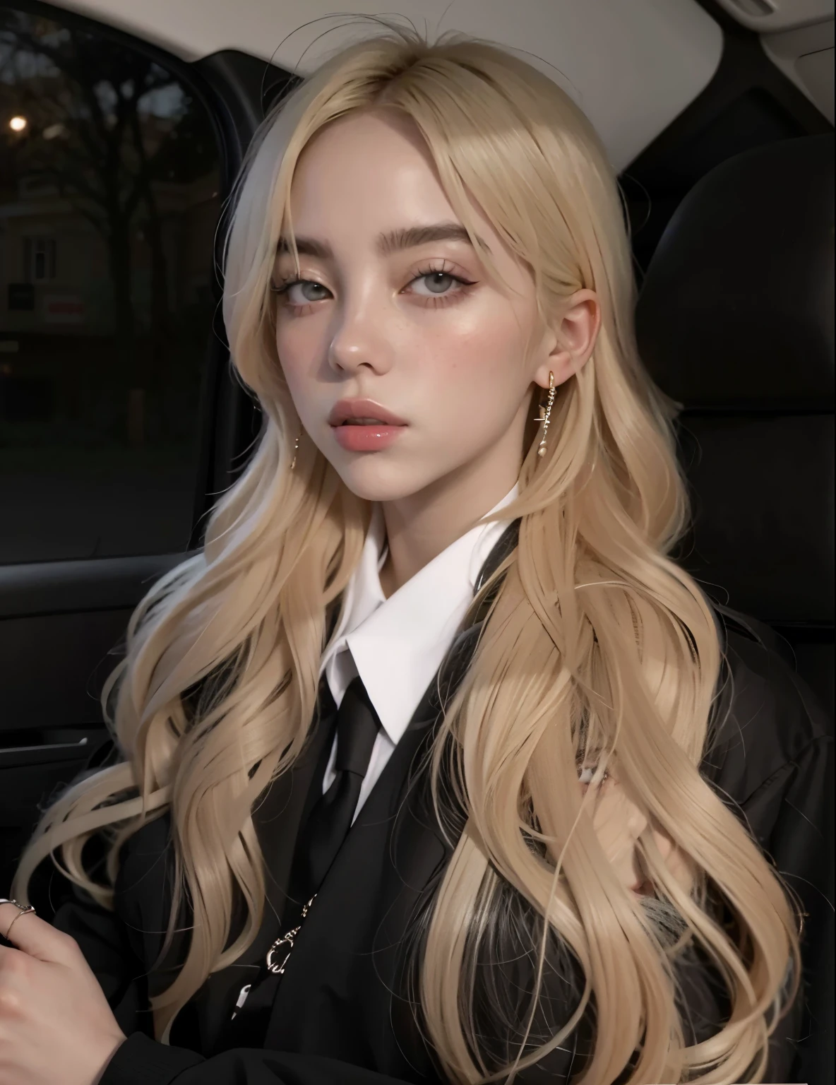 um Close up de uma mulher em um carro com longos cabelos brancos, Retrato de Jossi de Blackpink, Parque Roseanne do Blackpink, Ulzzang, jossi do blackpink, com longos cabelos brancos, Cl, ava max, com cabelos longos brancos, her hair is white, longos cabelos loiros e olhos grandes, maquiagem sul-coreana popular, Lalisa Manobal