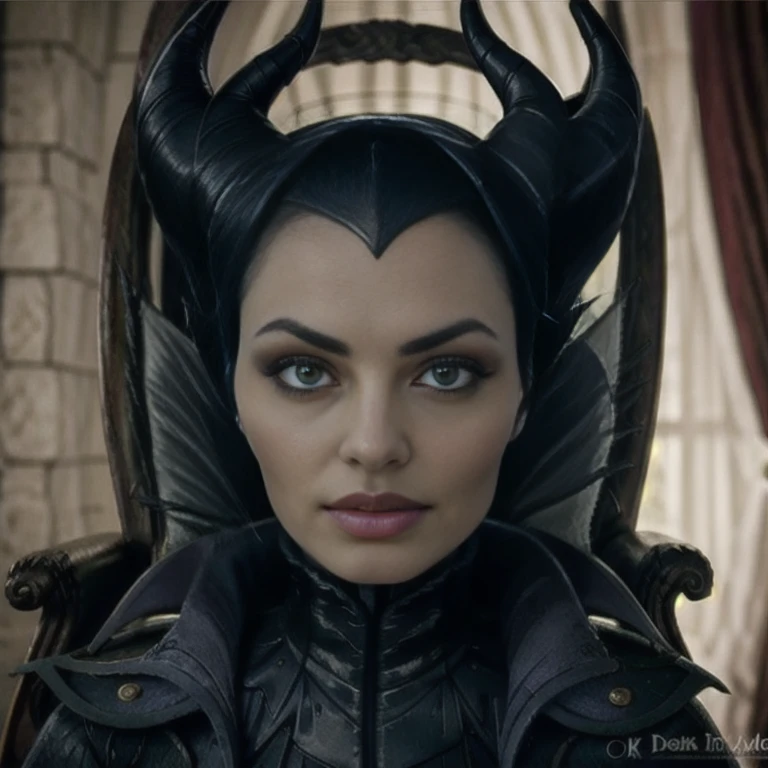 Masterpiece, best quality, detailed face, perfect eyes, Maleficent, pale skin, green eyes, black cowl, demon horns, throne behind her, looking at viewer, Sitting on a dark Throne chair. Behind her. In a dark throne room