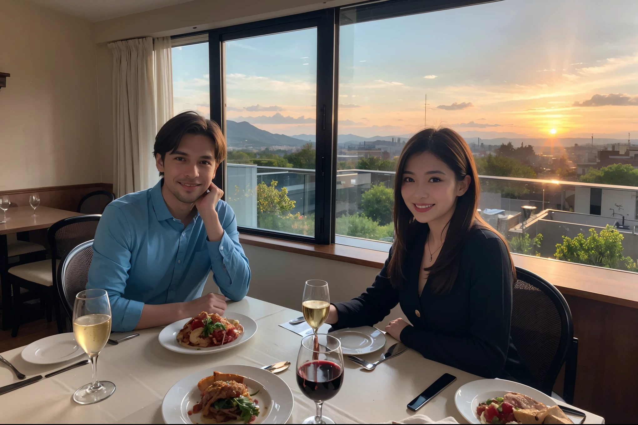 ((highest quality、8k、masterpiece:1.3))、1 male、1 female、lover、Beautiful couple、Japanese couple、Smile、 (Slim face), (the body is スリム), (Brown Hair), (Shortcuts), ((Bob Hale、Straight hair:1.2)), テーブルの上のwine glass、Please shine a light on my face、 Amazing view of the sunset sky and clouds、Amazing mountain views、The beauty of a smile、Bright image、Blushing, Shortcuts,Bright Face、 (36 years old), 39 years old, red wine 、Appetizers、Italian food、Wine bottle、Champagne、sparkling wine、Long sleeve shirt、dress、Attractive beauty、restaurant, Nova Frog Style, actress, model, Upper Body, White wine, red wine, wine glass,