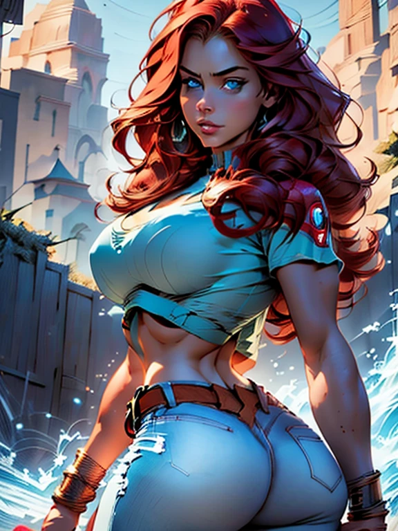 21 years old woman , long and smooth red tone hair, bright and expressive blue eyes, slim and toned figure, he opted for worn jeans, a mint color tietshirt. Busty. Booty. Comic style. Marvel comics