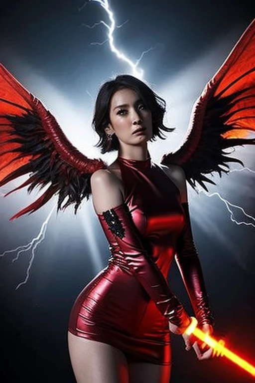 "Lilith with demonic wings and horns surrounded by fiery red light, In the dimly lit church、Surrounded by crackling lightning and swirling mist, Exudes an aura of darkness and mystery."