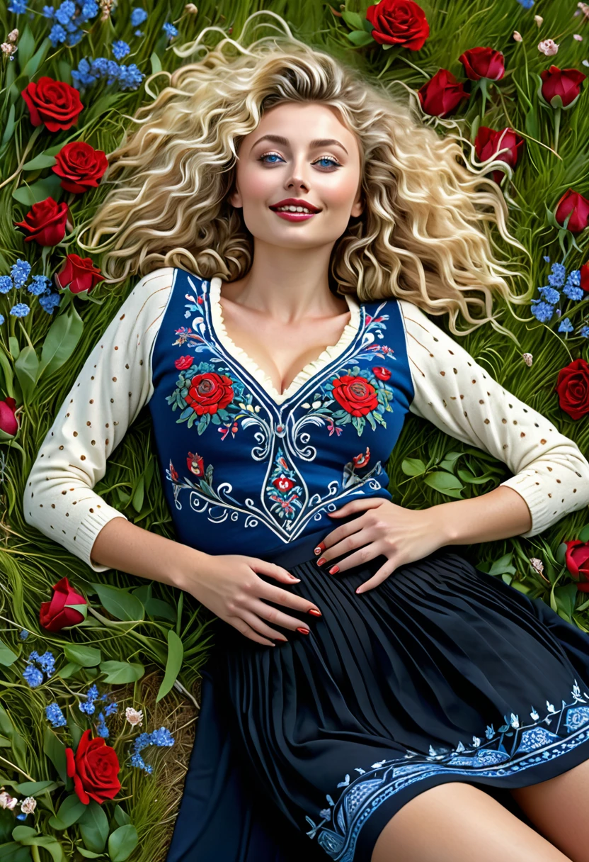 goddess Blonde Woman laying on her back in Mountain meadow in playful pos., Messy tight springy, kinky curly Hair,, Pale Skin, Red Lips, Dress Wth Woodcut Patterns, Black Knee-Length Pleated Skirt Wth Blue Embroidery, Norwegian V Neck Sweater With Rosemaled Designs. Midriff Wide Smile, Eyes Detailed & Wide, Dynamic Pose. Digital Painting, 4K Ultra HD, Rococo-Inspired Fantasy Art With Intricate Details. Cute, Charming Expression, Alluring-Gaze, Beautiful Blue Eyes, An-Ideal-Hourglass-Figure.. Large Youthful Well-Shaped Bosom, Large-butt. massive-Round-Breasts Décolletage. Aly Michalka
