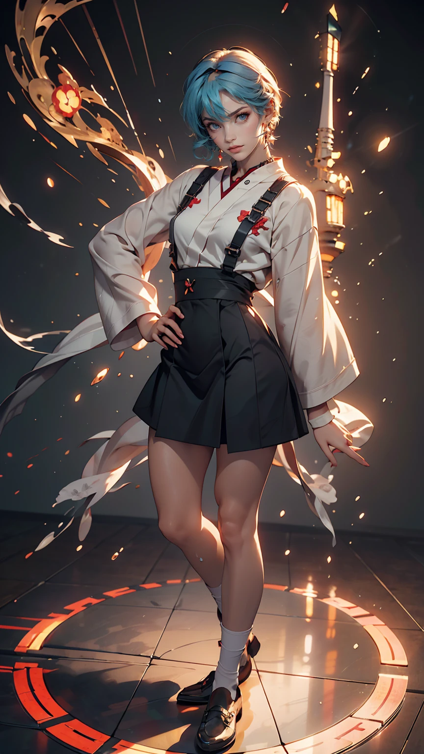 A masterpiece portrait of smiling Rei Ayanami (Evangelion), Evangelion (Hideaki), Caustics, High resolution illustrations, Red eyes, feminine, No students, Blue Hair, short hair, Japanese , loafers, Spank, Synthwave, paint Splashs, Shaded flat illustration, Digital Art, Trending on Art Station, Very detailed, The finer details, complicated, Splash, Overtake, Vaporware, Neon color