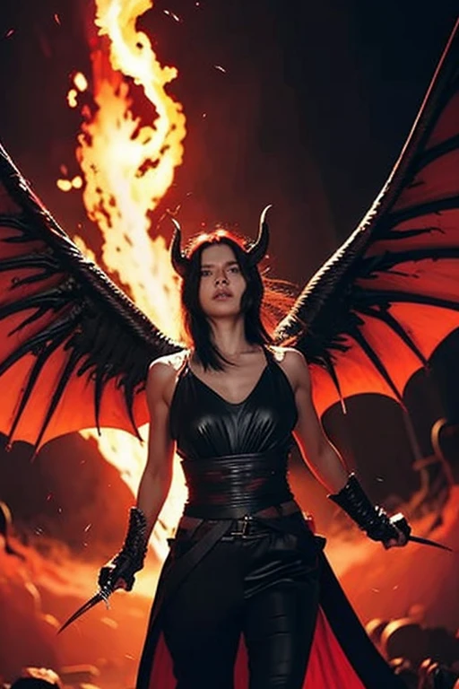 (Highly realistic image), Fantasy scene, Centerpiece, masterpiece, Ultra detailed, High quality, 4k, complex, expert, Center, (volumetric lighting), beautiful, dark masterpiece, (ultra detailed landscape), (sharp landscape), (sharp image), (dark scene), (dark atmosphere). Ultra-detailed French girl, 21 years old, angel, Fallen angel, Black angel, (2 big wings:1.5), (2 folded wings:1.5), Black feather, (blue eyes:1.3), (long straight black hair:1.3), (beautiful Big breasts), showing great cleavage, darkness, charming smile, (2 black horns:1.3), straight black hair, Evil creature, fire, (red flames moon), (blue flames in the land:1.4), (red lightning in the sky:1.5), (thunderstorm), (waterfalls:1.5), skull, Black thorn hair ornament, (black dress in 2 parts:1.5), (chain dress), Black Crown Her demon wings on her back and demon horn give her an invincible aura, standing in waterfalls in the destroyed land, (blood red moon:1.3). Naked body. (View viewer), (low angle), (cowboy shot), (upper half of the body:1.3), (sensual dynamic pose), (perfect slim body), (perfect ???????), (perfect hand), Nice legs and hot body, more detail, realistic, Masterpiece