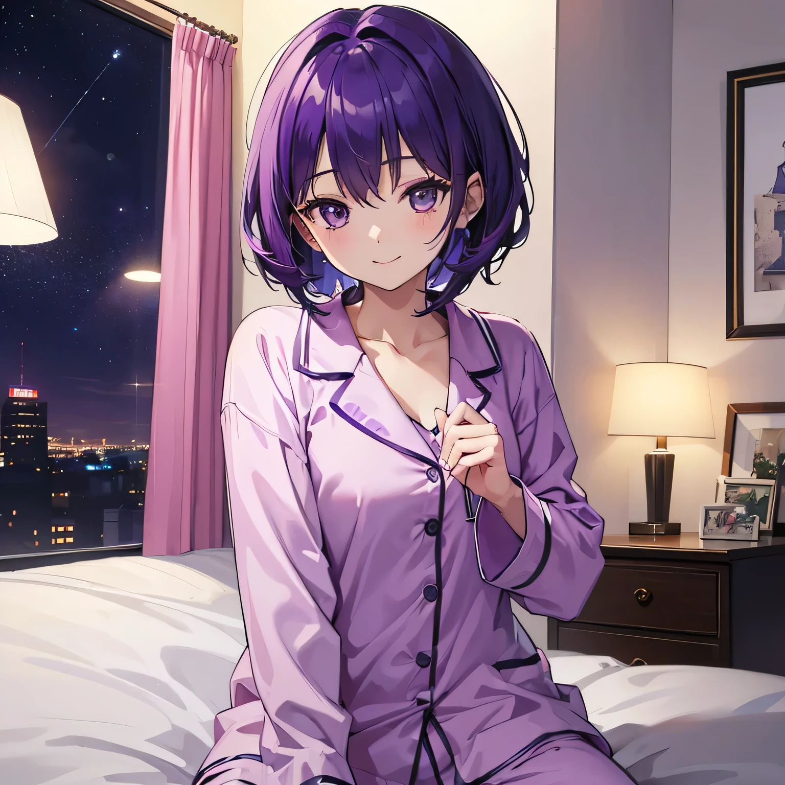(T Masterpiece,4K wallpaper,Best Quality))、((girl1people))、(solo)、Bright and Brilliant,(Purple Hair)、(Shortcuts:1.3)、smile、Bedroom、pajamas、night