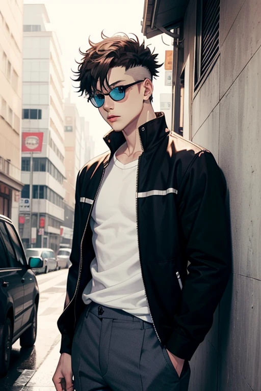 Estilo anime,anime jombre,estilo jujutsu kaisen,cabello rubio,piel blanca,estatura alta,body muscles, camisa azul,brown trousers ,con lentes redondos