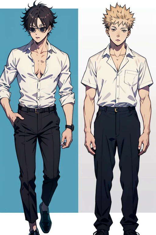 Estilo anime,anime jombre,estilo jujutsu kaisen,cabello rubio,piel blanca,estatura alta,body muscles, camisa azul,brown trousers ,con lentes redondos 