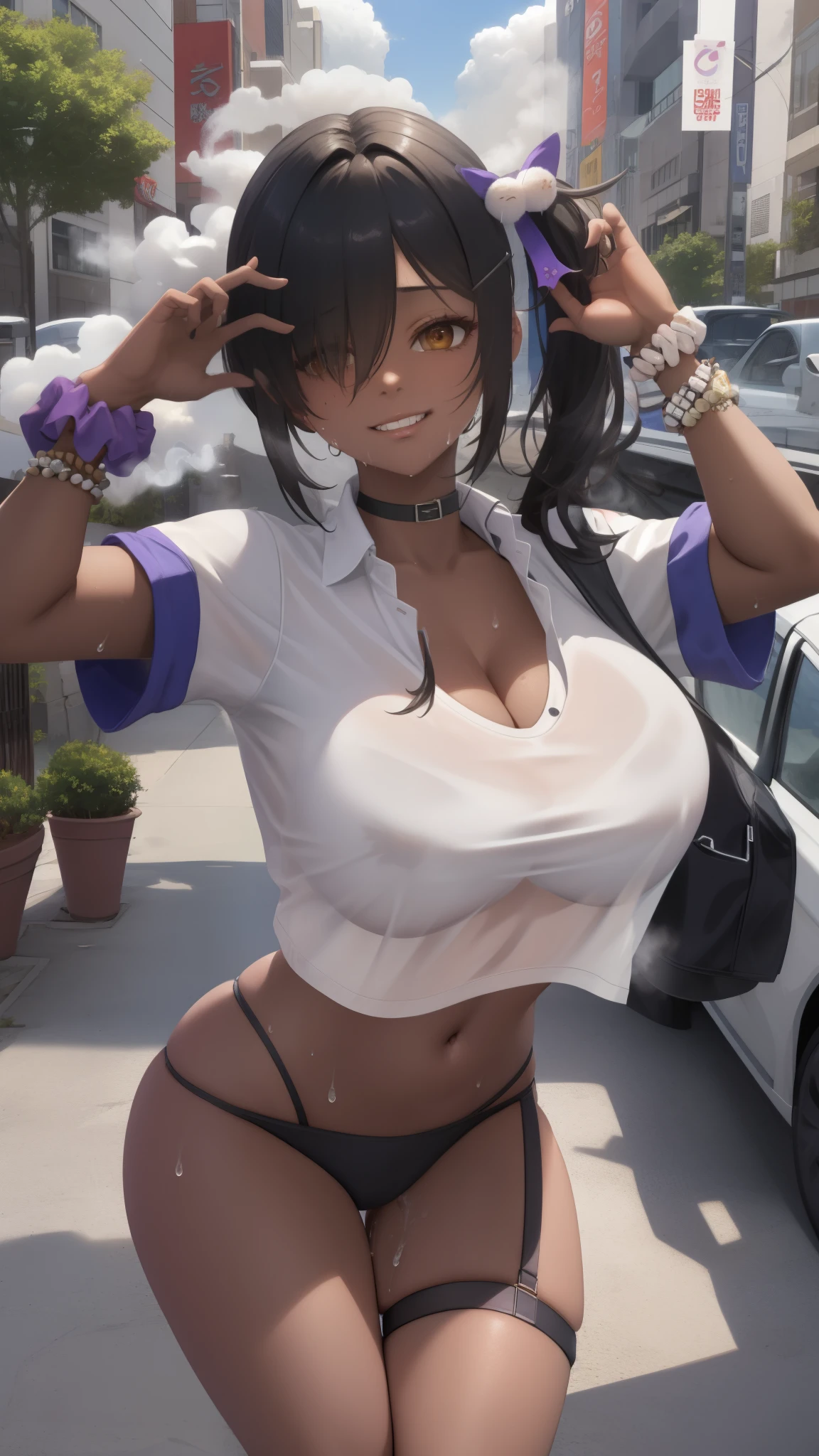 masterpiece、highest quality、highest quality、Accurate the human body、Accurate、Elaborate、masterpiece、Every detail of the face、Long-tailed, Dark Skin, Woman with dark skin, Side Ponytail, hair ornaments, Hair Clip, White oversized long shirt with an open neckline、No underwear, Bra visible through clothes, Black choker, Purple scrunchie, bracelet, Thigh straps, Detailed Background, whole body, Detailed Background, alone,Big cleavage、(Super big boobs、Sweat vapor:1.5、Oily skin:1.3)、(Comic Trip),Cute pose、Grin、Mesugaki Smiles:1.3 、Mature adult woman、Absolutely safe、Small face、Beautiful Girlfriend、