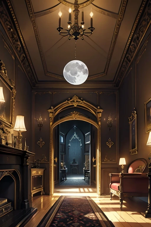 Interior, victorian Manor with reliquies, (((Nigth))), (((moonligth enters the living room)))
