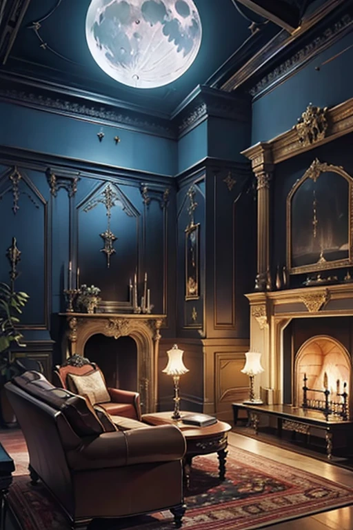 Interior, victorian Manor with reliquies, (((Nigth))), (((moonligth enters the living room)))