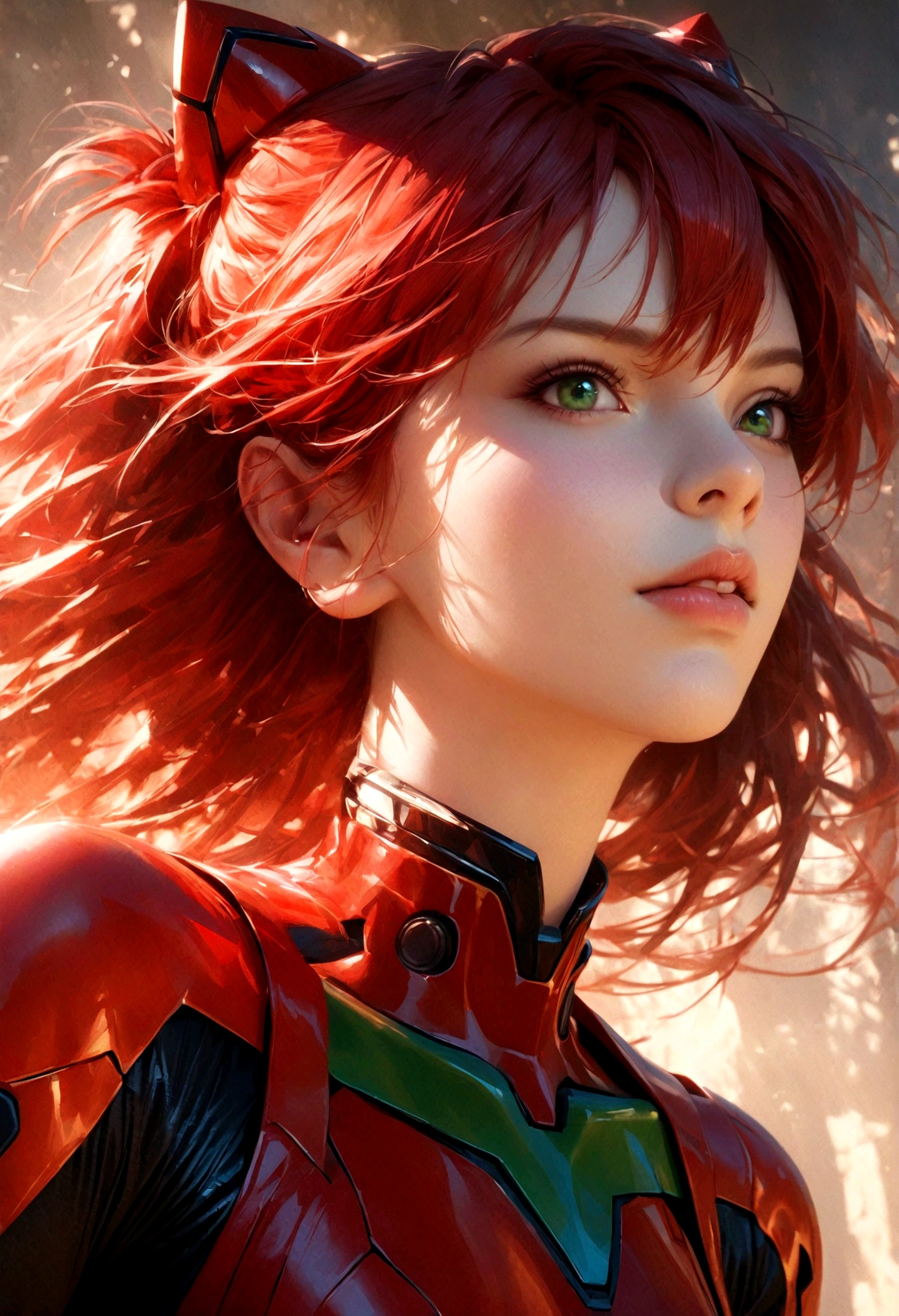 A beautiful girl with striking red hair, green eyes, and pale skin, Asuka Langley Soryu, anatomically correct, solo, xianxia style, close-up shot, extremely detailed face and features, long eyelashes, beautiful lips, flawless skin, realistic, photorealistic, dramatic lighting, cinematic composition, fantasy, vibrant colors, intricate details, masterpiece, 8K