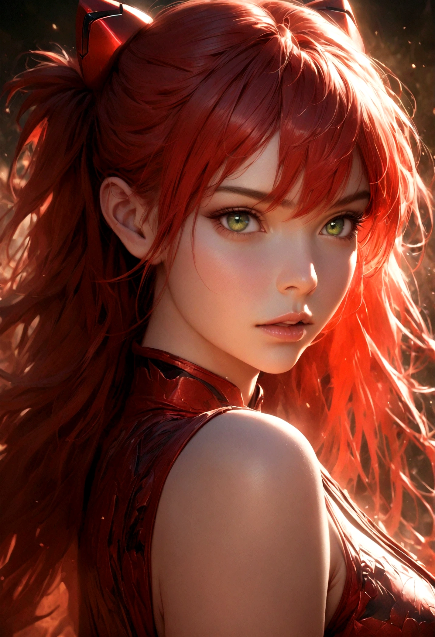 A beautiful girl with striking red hair, green eyes, and pale skin, Asuka Langley Soryu, anatomically correct, solo, xianxia style, close-up shot, extremely detailed face and features, long eyelashes, beautiful lips, flawless skin, realistic, photorealistic, dramatic lighting, cinematic composition, fantasy, vibrant colors, intricate details, masterpiece, 8K