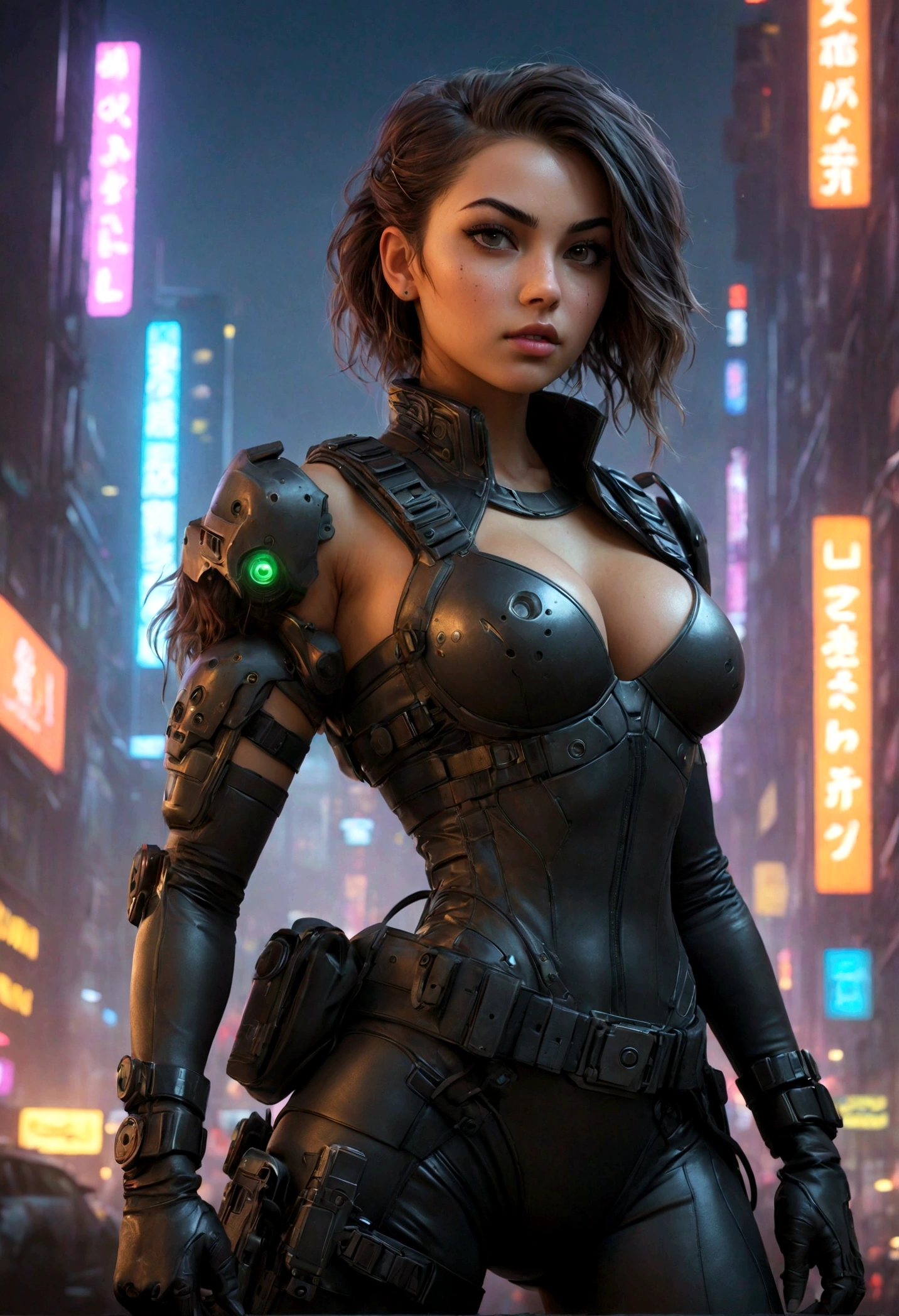 full-length portrait, detailed cyberpunk sci-fi character, beautiful young woman, hyper-realistic, extremely detailed face and body, voluptuous breasts, perfect proportions, muscular, six-pack abs, a woman in a high-leg latex bodysuit, night camouflage pattern, tactical gear, bulletproof vest, utility belt, holster, futuristic pistol, intricate armor, cybernetic enhancements, cinematic pose, cyberpunk city, terrorist attack, explosion, night, detailed futuristic cityscape, neon lights, skyscrapers, dark atmosphere, volumetric fog, cinematic lighting, dystopian urban environment, advanced technology, android, hacker, glowing displays, holographic displays, flying cars, industrial machinery, damaged buildings, rubble, chaos, panic, highly detailed skin texture, intricate details, cinematic lighting, dramatic shadows, glowing skin, photorealistic, (best quality,4k,8k,highres,masterpiece:1.2),ultra-detailed,(realistic,photorealistic,photo-realistic:1.37),extremely detailed eyes and face,longeyelashes,cinematic,dramatic lighting,chiaroscuro,vibrant colors,1girl