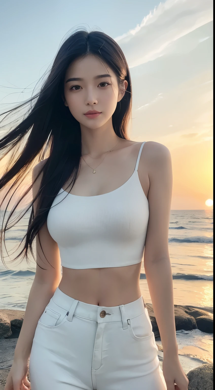(logo、masterpiece、8k、Tabletop、RAW Photos、wonderful、最high quality、Photorealistic and Very detailed CG integrated 8k wallpaper、high quality、Very detailed、Narrative poem、Particle Effects、Dynamic Effects、Written boundary depth、Cinematic Light、Lens flare、Ray Tracing)、Fantasy、 (One beautiful woman、White pants、White T-shirt、White tube top、White crop top、Black-haired、Beautiful Face、True Face、Beautiful details、eye、Beautiful Skin、Ultimate Body、glamorous)、私の髪はWindに舞う、Hair flutters in Wind、Hair bounces、Seaside、wonderful景色、Coastal、sunrise、Sun in the background、Wind、Beach