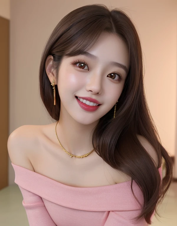 1 girl, 24 years old, south korean, 4k, masterpiece, perfect face, frekles, long whavy brown hair, pink eyes, red lips, red eyeliners, off shoulder pink fitness top, gold jewels, gold necklase, happy, smiling, open mouth, perfect teeth, portrait, close shot, detailed face, facing camera.