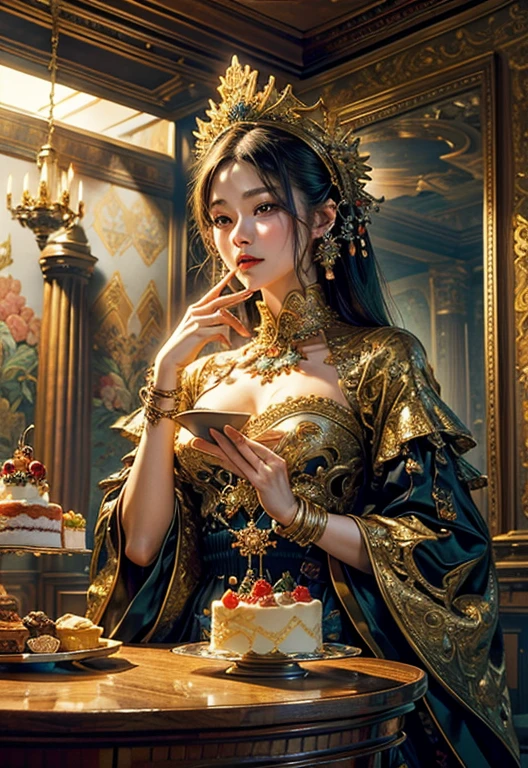 (masterpiece、top-quality、top-quality、Beautifully Aesthetic:1.2)、(1 King Room decorated with cake)、ighly detailed、(Fractal Art:1.3)、colourfull、highestdetailed