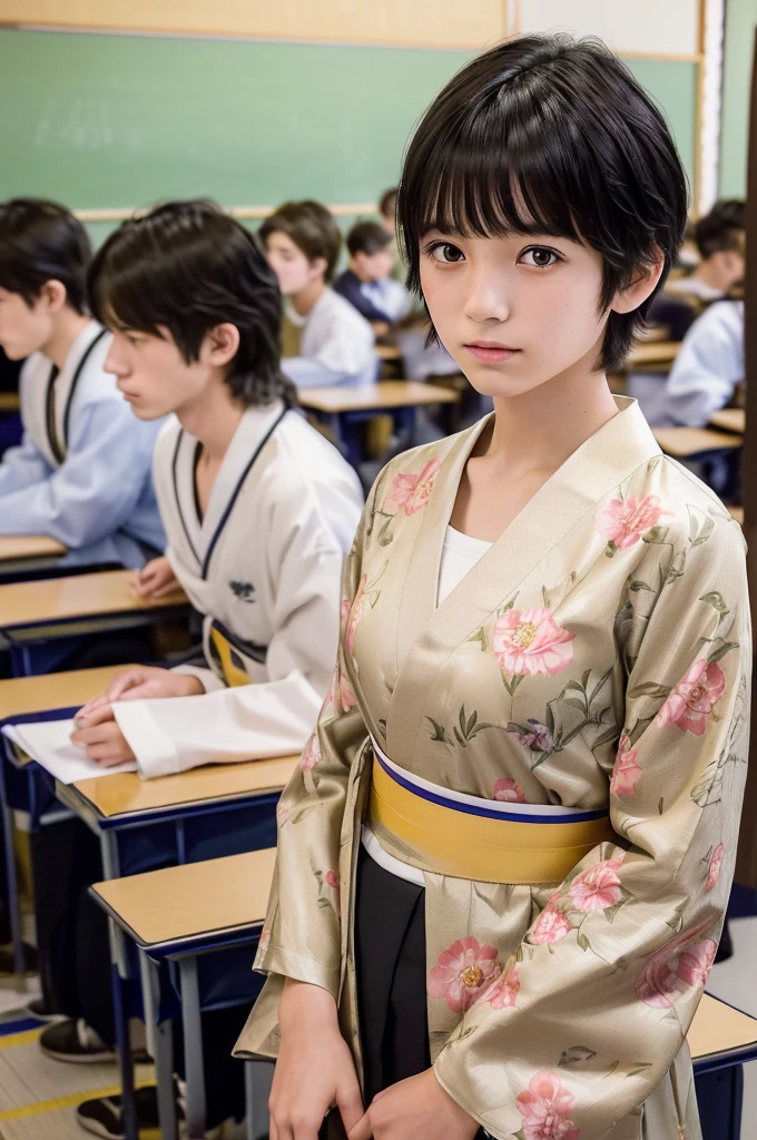 (High resolution:1.3), (16k, Photorealistic, Raw photo, Best image quality: 1.4), Japanese, (One Girl), Beautiful Face, (A vivid face), (Black-haired、short hair:1.3、bangs:1.2), Beautiful Hairstyles, Realistic eyes, Beautifully detailed eyes, (Realistic Skin), Beautiful skins, attractive, 超A high resolution, Surreal, High detail, Golden Ratio, Highly detailed cute girl,(20-year-old), kimono, Long-sleeved kimono、Japanese style floral pattern:1.5, High school classroom、During class、Large number of students、(All the students are male high school students..:2.0), No sleeve, (Put your chest together:1.5)