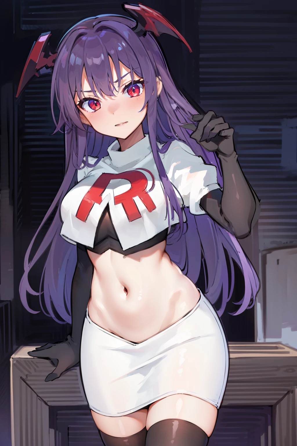 masterpiece, 2d, hd, 1girl, mythia, purple long hair, bat ears, red eye, team rocket,team rocket uniform,white skirt,red letter R,crop top,black thigh-highs,black elbow gloves