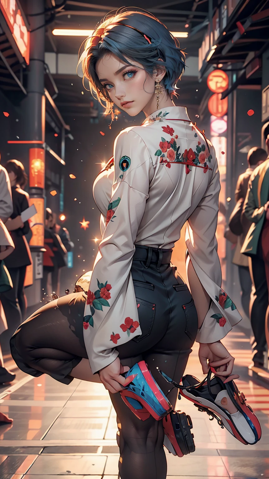 A masterpiece portrait of smiling Rei Ayanami (Evangelion), Evangelion (Hideaki), Caustics, High resolution illustrations, Red eyes, feminine, No students, Blue Hair, short hair, Japanese , loafers, Spank, Synthwave, paint Splashs, Shaded flat illustration, Digital Art, Trending on Art Station, Very detailed, The finer details, complicated, Splash, Overtake, Vaporware, Neon color