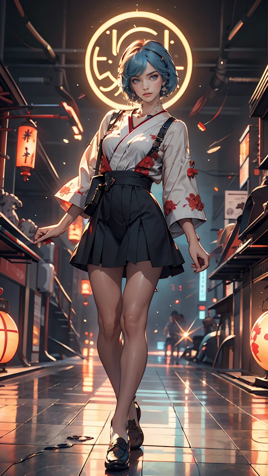 A masterpiece portrait of smiling Rei Ayanami (Evangelion), Evangelion (Hideaki), Caustics, High resolution illustrations, Red eyes, feminine, No students, Blue Hair,  short hair, Japanese , loafers, Spank, Synthwave, paint Splashs, Shaded flat illustration, Digital Art, Trending on Art Station, Very detailed, The finer details, complicated, Splash, Overtake, Vaporware, Neon color