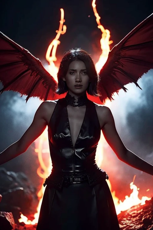 "Lilith with demonic wings and horns surrounded by fiery red light, In the dimly lit church、Surrounded by crackling lightning and swirling mist, Exudes an aura of darkness and mystery."