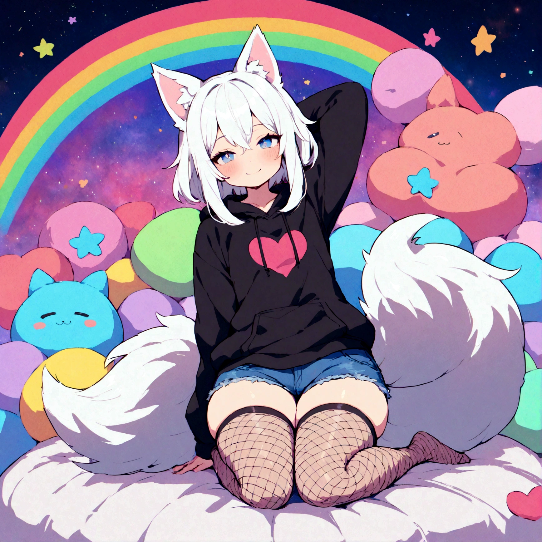a cute adult male with wolf ears, white hair, has a wolf tail, wearing a loose cropped oversized black hoodie, wearing a pair of denim short shorts and thigh high fishnet stockings, thick thighs, wide hips, relaxing on mound of fluffy multi colored kawaii plushies, short, very slim, showing slender tummy, stretching out, heart on hoodie, squishy thighs, has glowing blue eyes. alone, solo (ALONE)(SOLO), surrounded by rainbows, colorful galaxy backround, wipe opened mouth smile