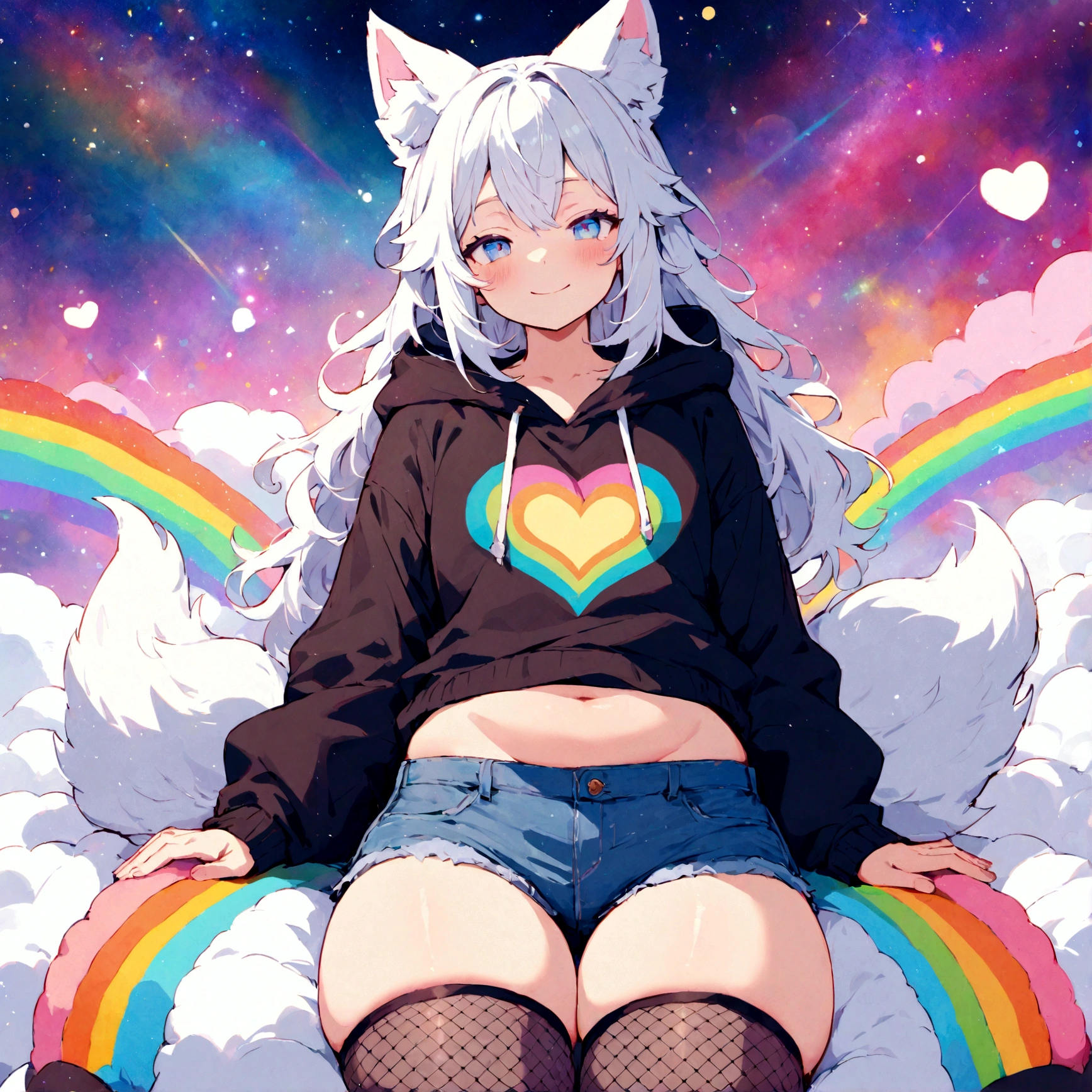 a cute adult male with wolf ears, white hair, has a wolf tail, wearing a loose cropped oversized black hoodie, wearing a pair of denim short shorts and thigh high fishnet stockings, thick thighs, wide hips, relaxing on mound of fluffy multi colored kawaii plushies, short, very slim, showing slender tummy, stretching out, heart on hoodie, squishy thighs, has glowing blue eyes. alone, solo (ALONE)(SOLO), surrounded by rainbows, colorful galaxy backround, wipe opened mouth smile