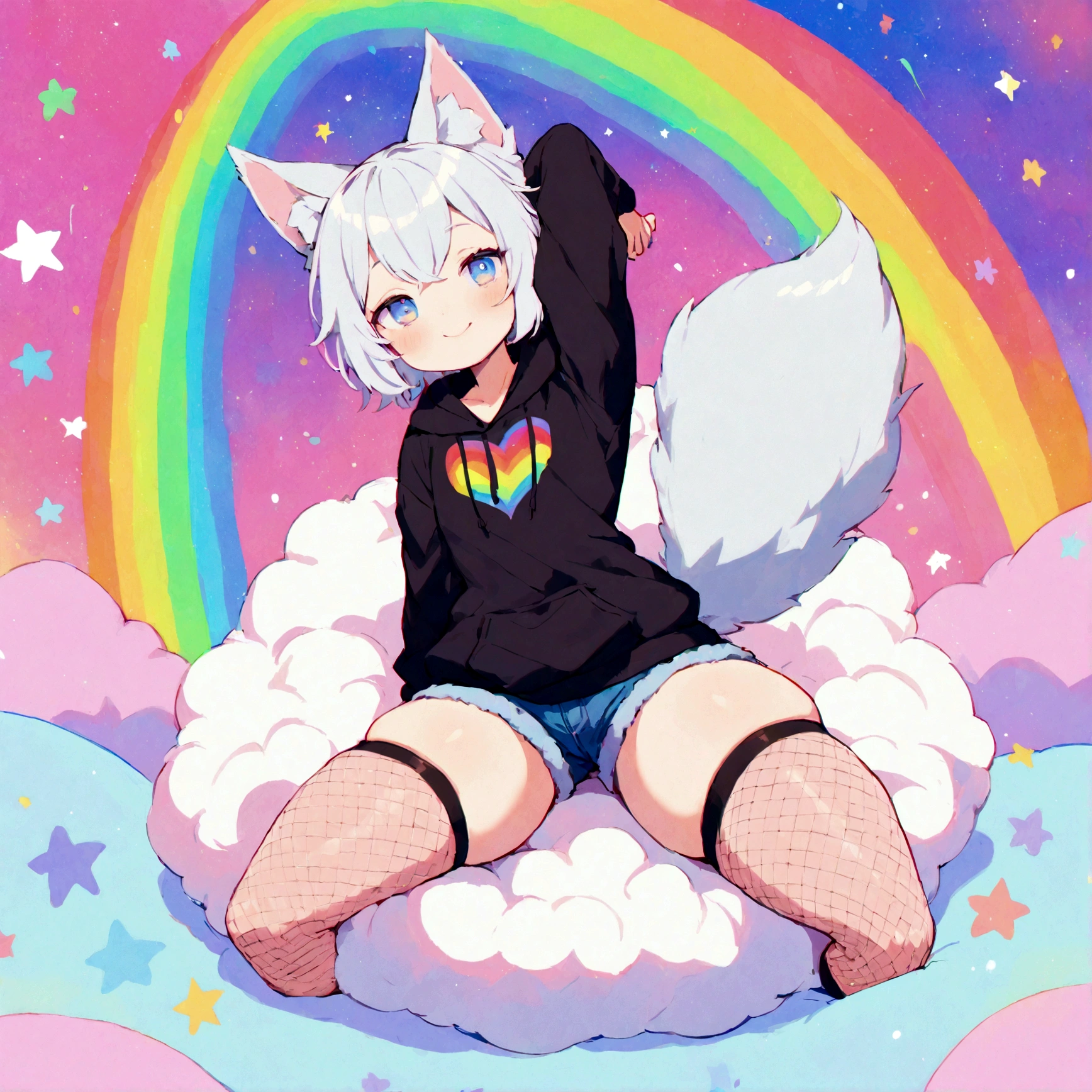 a cute adult male with wolf ears, white hair, has a wolf tail, wearing a loose cropped oversized black hoodie, wearing a pair of denim short shorts and thigh high fishnet stockings, thick thighs, wide hips, relaxing on mound of fluffy multi colored kawaii plushies, short, very slim, showing slender tummy, stretching out, heart on hoodie, squishy thighs, has glowing blue eyes. alone, solo (ALONE)(SOLO), surrounded by rainbows, colorful galaxy backround, wipe opened mouth smile