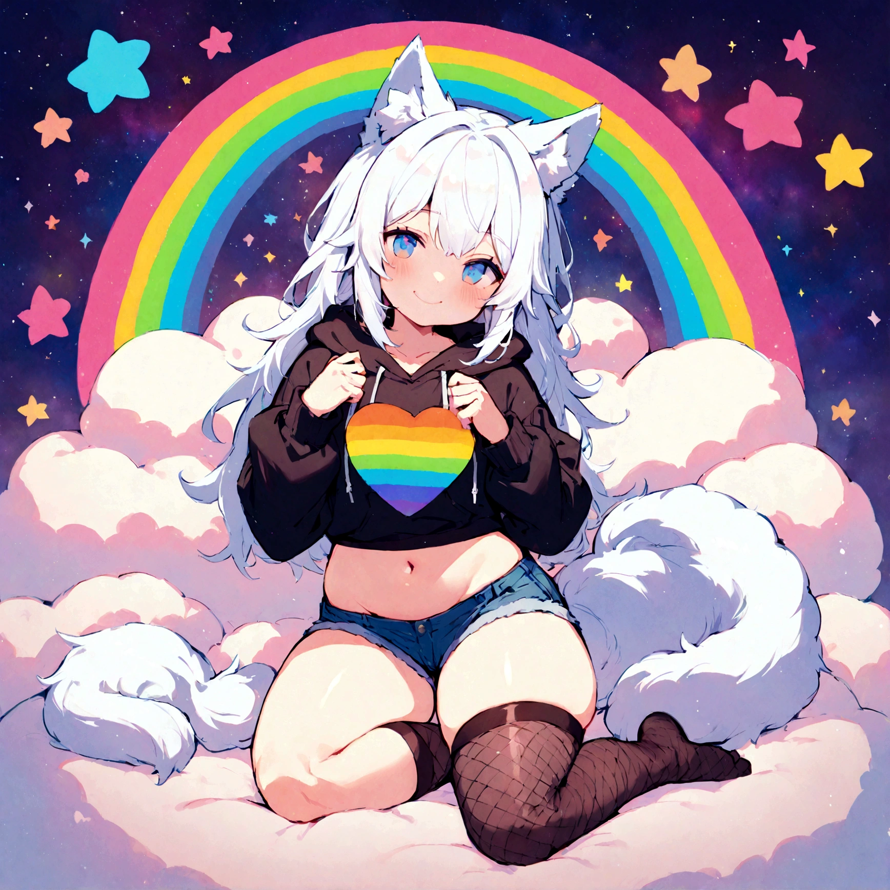 a cute adult male with wolf ears, white hair, has a wolf tail, wearing a loose cropped oversized black hoodie, wearing a pair of denim short shorts and thigh high fishnet stockings, thick thighs, wide hips, relaxing on mound of fluffy multi colored kawaii plushies, short, very slim, showing slender tummy, stretching out, heart on hoodie, squishy thighs, has glowing blue eyes. alone, solo (ALONE)(SOLO), surrounded by rainbows, colorful galaxy backround, wipe opened mouth smile