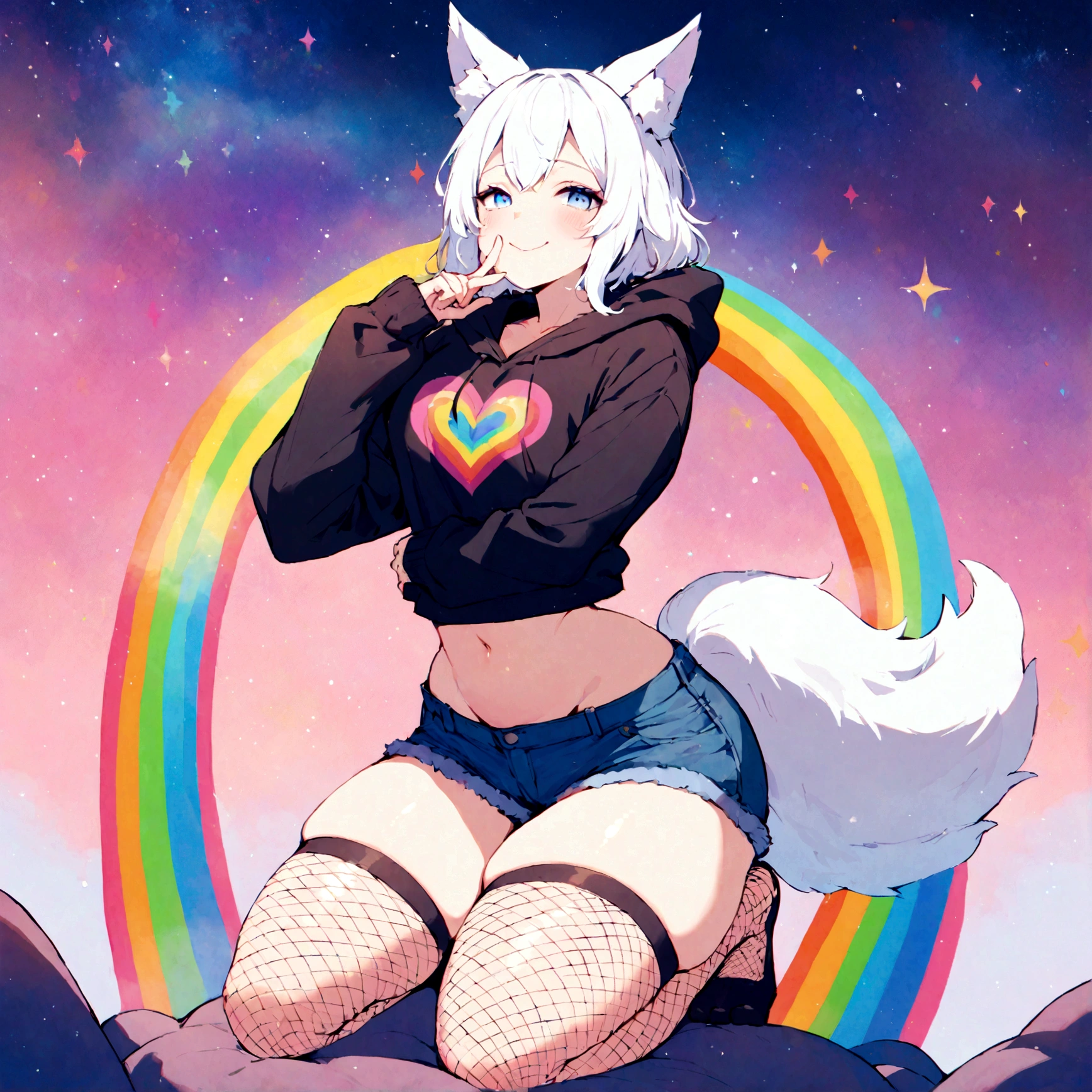 a cute adult male with wolf ears, white hair, has a wolf tail, wearing a loose cropped oversized black hoodie, wearing a pair of denim short shorts and thigh high fishnet stockings, thick thighs, wide hips, relaxing on mound of fluffy multi colored kawaii plushies, short, very slim, showing slender tummy, stretching out, heart on hoodie, squishy thighs, has glowing blue eyes. alone, solo (ALONE)(SOLO), surrounded by rainbows, colorful galaxy backround, wipe opened mouth smile