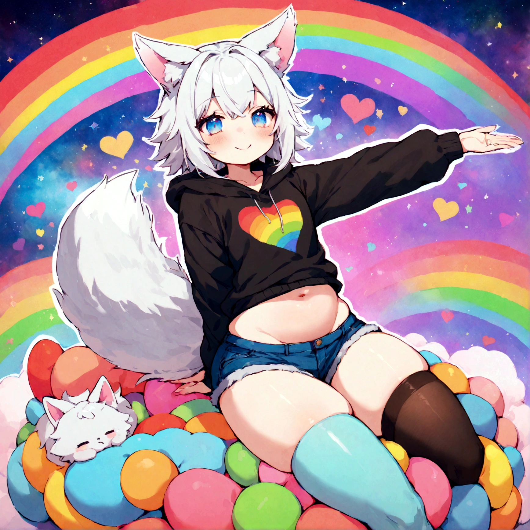 a cute adult male with wolf ears, white hair, has a wolf tail, wearing a loose cropped oversized black hoodie, wearing a pair of denim short shorts and thigh high fishnet stockings, thick thighs, wide hips, relaxing on mound of fluffy multi colored kawaii plushies, short, very slim, showing slender tummy, stretching out, heart on hoodie, squishy thighs, has glowing blue eyes. alone, solo (ALONE)(SOLO), surrounded by rainbows, colorful galaxy backround, wipe opened mouth smile