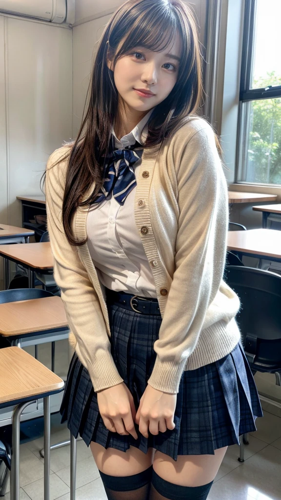 masterpiece, best quality, illustration, Super detailed, fine details, High resolution, 8K,wall paper, perfect dynamic composition,(Details High quality, realistic depiction of eyes:1.3), High School Classroom、High school girl uniform、Cardigan、Super Short Check Uniform Skirt、Navy blue high socks、garterbelts、Colossal tits、Disturbed uniform、short bob hair, black hair color, Big Natural Color Lip, bold sexy pose, (perfect body shape), crying a little、Harajuku style、20 year old girl、cute type, beautiful legs, hposing Gravure Idol, Voluptuous thighs