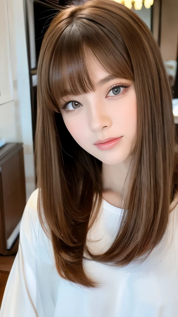 Best quality, 8k, ,Masterpiece :1.3)), facing viewer,((full body1.2)) ,pretty woman, wide shot ,1girl, , selfie , , Hair salon, brown hair , bangs,ultra-detailed face, highly detailed lips, detailed eyes, double eyelid
