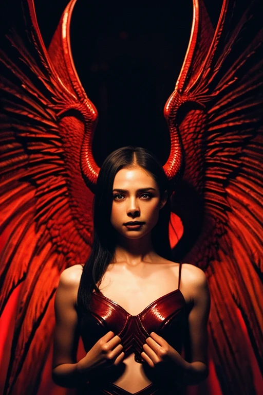 "Lilith with dragon claws, wings and horns surrounded by fiery red light, In the dimly lit church、Surrounded by crackling lightning and swirling mist, Exudes an aura of darkness and mystery."