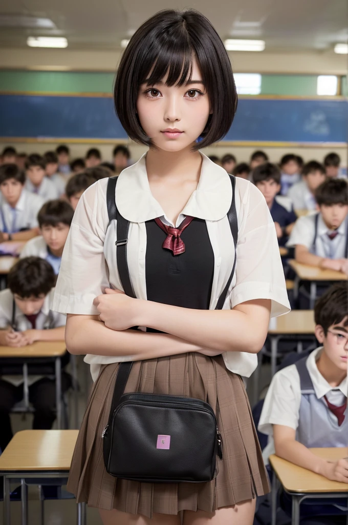 (High resolution:1.3), (16k, Photorealistic, Raw photo, Best image quality: 1.4), Japanese, (One Girl), Beautiful Face, (A vivid face), (Black-haired、short hair:1.3、bangs:1.2), Beautiful Hairstyles, Realistic eyes, Beautifully detailed eyes, (Realistic Skin), Beautiful skins, attractive, 超A high resolution, Surreal, High detail, Golden Ratio, Highly detailed cute girl,(20-year-old), School classroom、During class、Large number of students、(All the students are male high school students..:2.0), No sleeve, (Put your chest together:1.5)