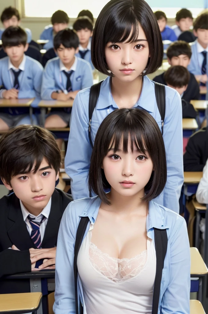 (High resolution:1.3), (16k, Photorealistic, Raw photo, Best image quality: 1.4), Japanese, (One Girl), Beautiful Face, (A vivid face), (Black-haired、short hair:1.3、bangs:1.2), Beautiful Hairstyles, Realistic eyes, Beautifully detailed eyes, (Realistic Skin), Beautiful skins, attractive, 超A high resolution, Surreal, High detail, Golden Ratio, Highly detailed cute girl,(20-year-old), School classroom、During class、Large number of students、(All the students are male high school students..:2.0), No sleeve, (Put your chest together:1.5)