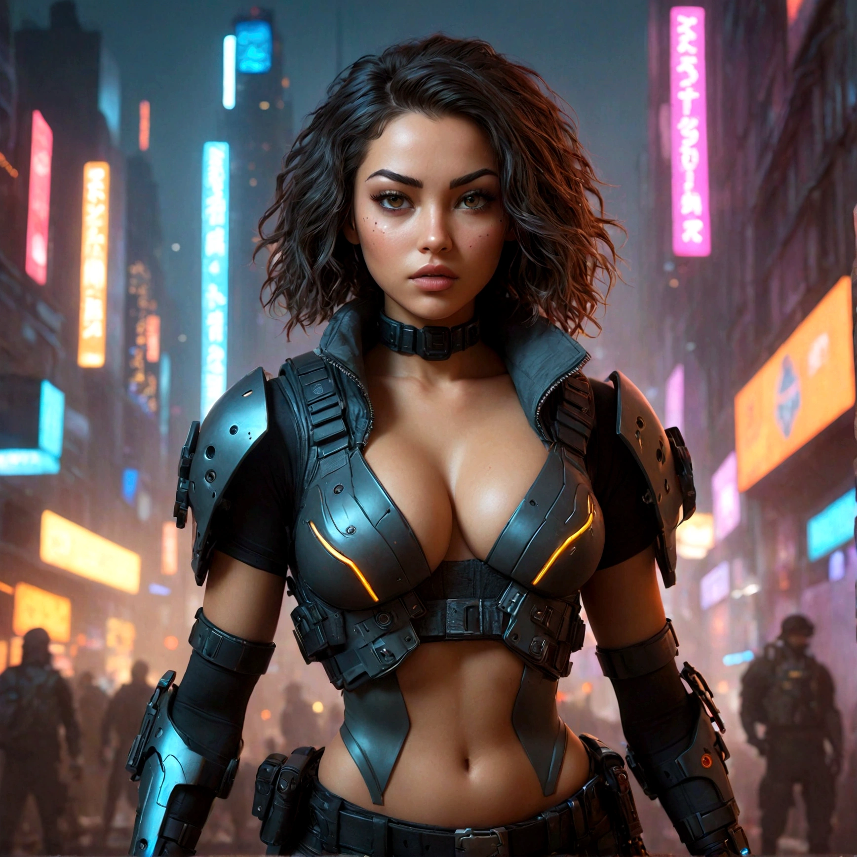 full-length portrait, detailed cyberpunk sci-fi character, beautiful young woman, hyper-realistic, extremely detailed face and body, voluptuous breasts, perfect proportions, muscular, six-pack abs, a woman in a high-leg latex bodysuit, night camouflage pattern, tactical gear, bulletproof vest, utility belt, holster, futuristic pistol, intricate armor, cybernetic enhancements, cinematic pose, cyberpunk city, terrorist attack, explosion, night, detailed futuristic cityscape, neon lights, skyscrapers, dark atmosphere, volumetric fog, cinematic lighting, dystopian urban environment, advanced technology, android, hacker, glowing displays, holographic displays, flying cars, industrial machinery, damaged buildings, rubble, chaos, panic, highly detailed skin texture, intricate details, cinematic lighting, dramatic shadows, glowing skin, photorealistic, (best quality,4k,8k,highres,masterpiece:1.2),ultra-detailed,(realistic,photorealistic,photo-realistic:1.37),extremely detailed eyes and face,longeyelashes,cinematic,dramatic lighting,chiaroscuro,vibrant colors,1girl