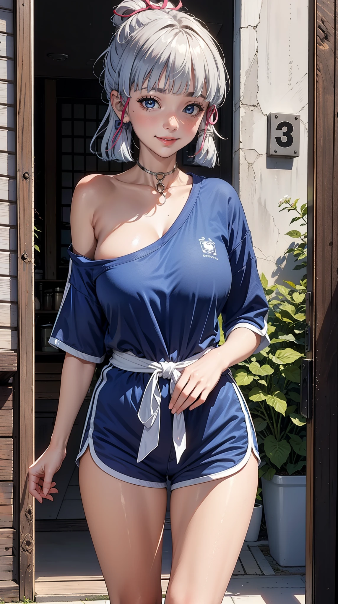 (Kamisatoayakarnd), tall girl, full body, masterpiece, narrow waist,huge breast, blush, detail body, indoor, detail eyes, cg, standing, smile, (from front), dolphin shorts, (single bare shoulder shirt short), metal collar