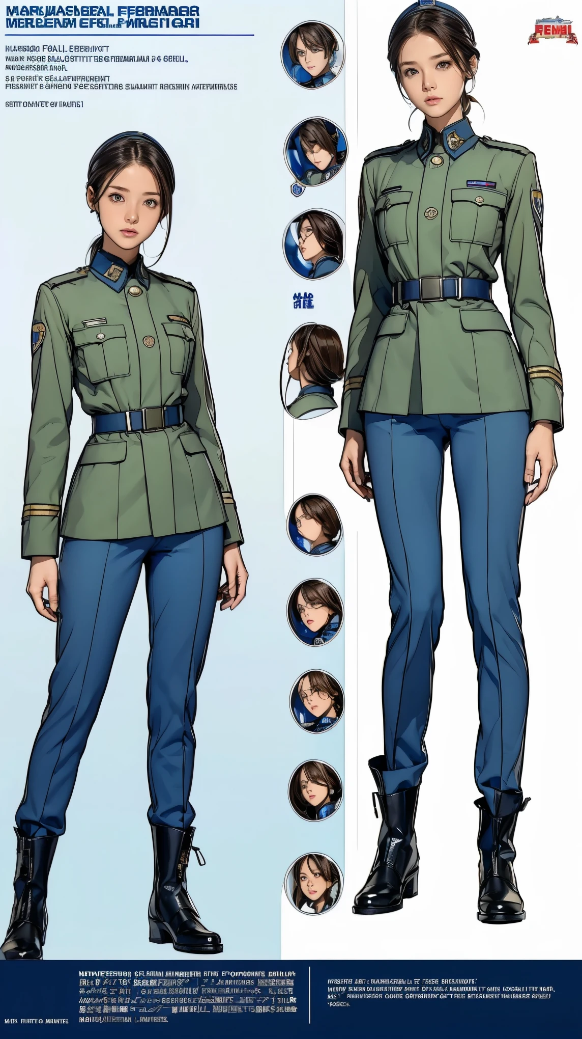 ((masterpiece)),(((highest quality))),((Reference Sheet, Character Design, front, return, ~ ~ side, Mr..々Hairstyle, Mr..々Performance, Facial Expressions)), 14-year-old girl, Cute type, (Very slim:1.4), (Very small ass:1.4), Realistic buttocks, Medium milk, Short Bob, Thin thighs, Long legs, It's not a big deal,(A female Earth Federation officer is walking), (Wearing Earth Federation military uniform, White and blue military uniform),(Worn by federal government employees&#39;White Hat:1.5)