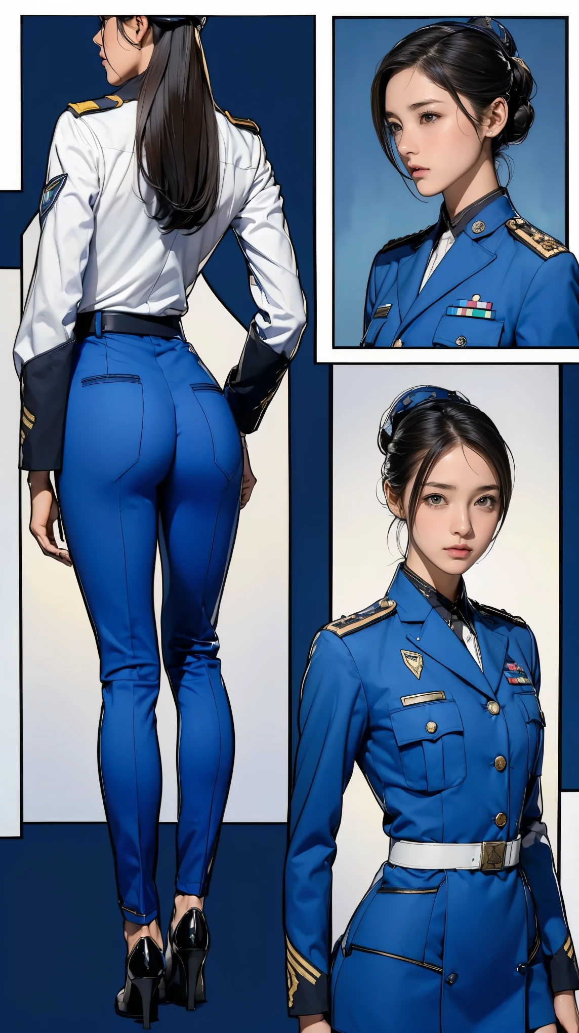 ((masterpiece)),(((highest quality))),((Reference Sheet, Character Design, front, return, ~ ~ side, Mr..々Hairstyle, Mr..々Performance, Facial Expressions)), -yeld gi Cute type, (Very slim:1.4), (Very small ass:1.4), Realistic buttocks, Medium milk, Short Bob, Thin thighs, Long legs, It's not a big deal,(A female Earth Federation officer is walking), (Wearing Earth Federation military uniform, White and blue military uniform),(Worn by federal government employees&#39;White Hat:1.5)