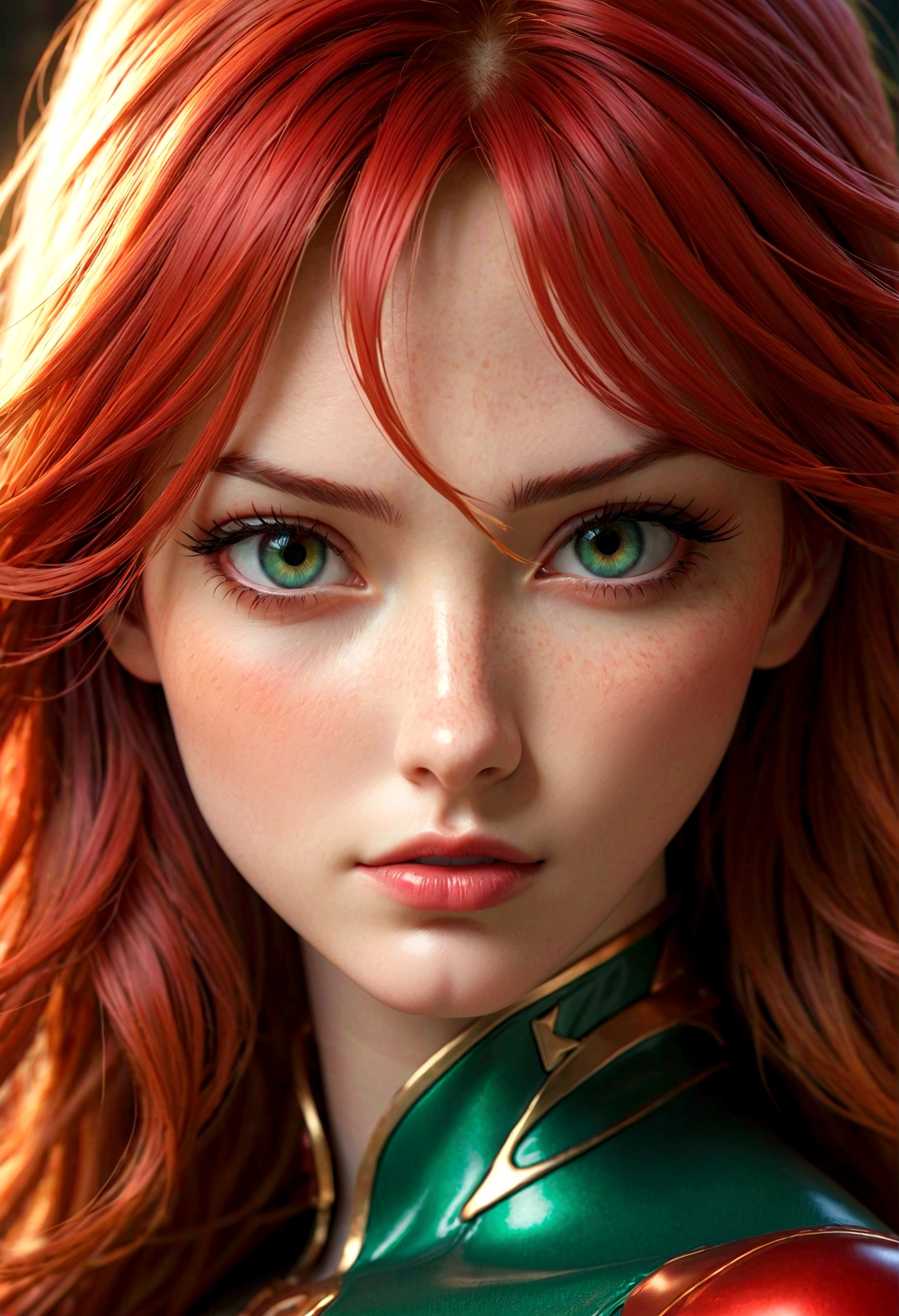 A beautiful girl with striking red hair, green eyes, and pale skin, Asuka Langley Soryu, anatomically correct, solo, xianxia style, close-up shot, extremely detailed face and features, long eyelashes, beautiful lips, flawless skin, realistic, photorealistic, dramatic lighting, cinematic composition, fantasy, vibrant colors, intricate details, masterpiece, 8K