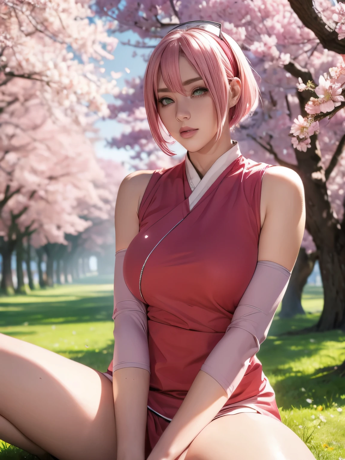 haruno sakura, naruto \(series\), naruto shippuuden, 1girl, accurate konohagakure symbol, bangs, breasts, closed mouth, elbow sleeve, eyes visible through hair, floating hair, forehead protector, foreshortening, green eyes, hair intakes, hairband, looking at viewer, parted bangs, pink hair, red shirt, shirt, short hair, sleeveless, sleeveless shirt, medium breasts, solo, upper body, v-shaped eyebrows, ((masterpiece)),  (best quality, highres:1.2), 1girl, beautiful detailed eyes, beautiful detailed lips, extremely detailed eyes and face, long eyelashes, HDR, studio lighting, sharp focus, physically-based rendering, extreme detail description, portraiting breasts, perfect shape, facing viewer, sweaty, gorgeous, appearing in full frame, good-looking, Beautiful fair skin and luster, Beautiful eyes are big and bright, Small mouth and thin lips, Goodness of style and slendernes), beautiful girl illuminated by seven colors of light, Irridescent coloe, showing off her figure, seductive and confident, enchanting aura, surrounded by cherry blossom trees, delicate and vibrant petals falling all around her, soft pink and white colors, sunlight filtering through the trees, creating a warm and dreamy atmosphere, show nipples, big breasts, show vagina, spread legs..